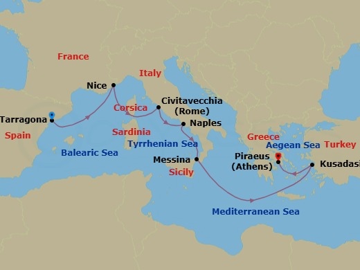 Mediterranean Rivieras: Spain, France & Italy (Eastbound) Route Map