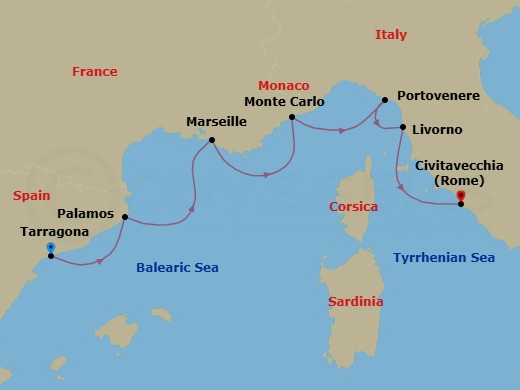 Spain, France & Italy Cruise: Palamos, Marseille & Rome Route Map