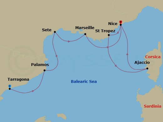 France Intensive Cruise: Marseille, Nice & Ajaccio Route Map