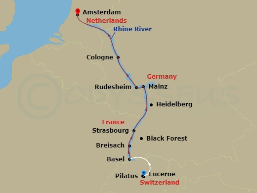 Christmastime On The Romantic Rhine With 2 Nights In Lucerne (Northbound) Route Map
