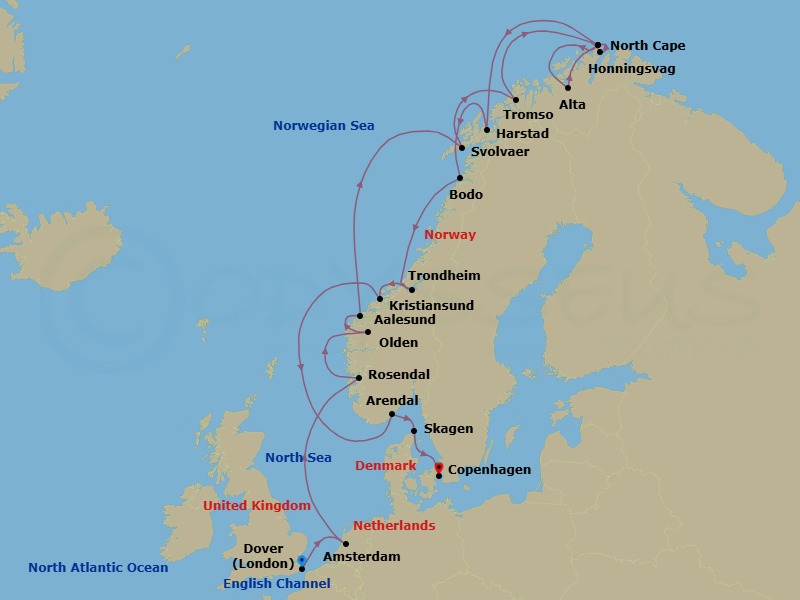 Norway Intensive Cruise: North Cape, Trollfjord & Trondheim Route Map