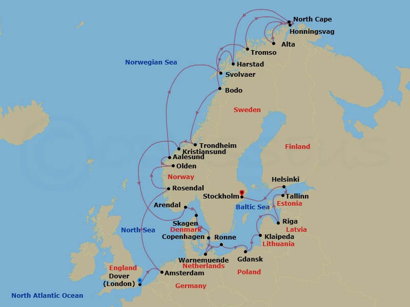 Norway & Baltic Combination Cruise: Trondheim, Copenhagen & Stockholm Route Map