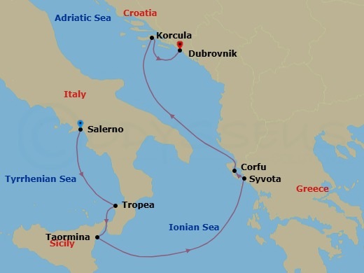 Grand Mediterranean Featuring Taormina & Corfu Route Map