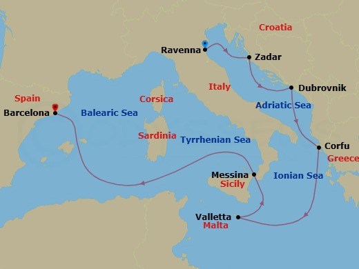 7 Night Greece, Italy, Croatia & Malta Route Map