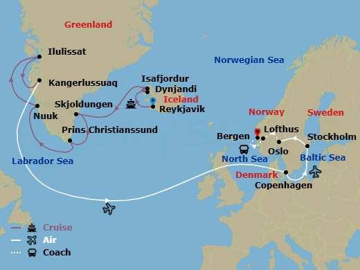 Arctic Wonders Of Greenland, Iceland & Scandinavia Cruise & Land Journey Route Map
