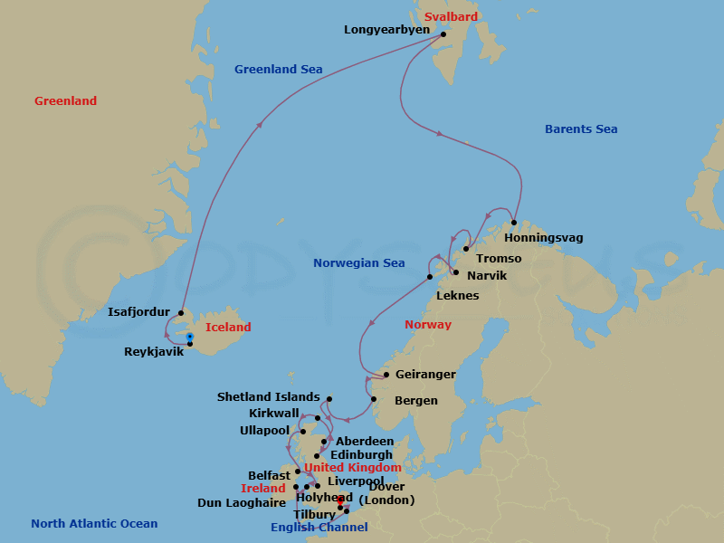 Iceland, Norway & British Isles Route Map