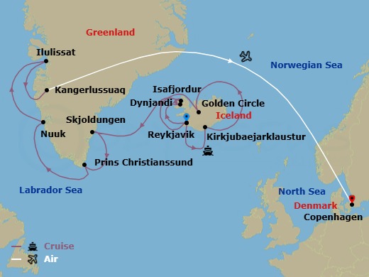 Iceland & Greenland In Depth - Cruise & Land Journey Route Map