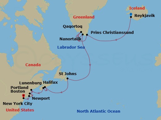 Greenland, Canada & New England Cruise: Qaqortoq, Newfoundland & Newport Route Map