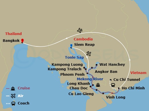 Fascinating Vietnam, Cambodia & The Mekong River With Bangkok (Southbound) Route Map