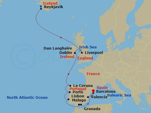 Iceland, British Isles & Iberia Route Map