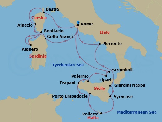 Star Collector: Islands Of A Mediterranean Summer: Sicily, Sardinia, & Corsica Route Map