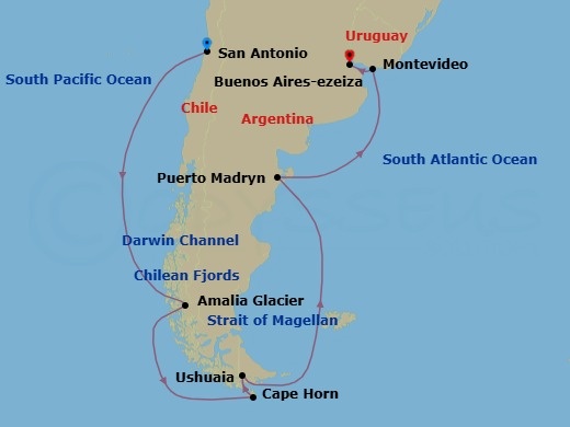 South America From San Antonio (Santiago), Chile Route Map