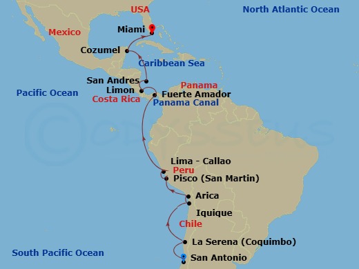 South America & Panama Canal Combination Cruise: Lima, Panama City & Miami Route Map