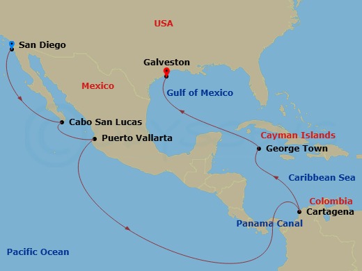 14-Night Eastbound Panama Canal Cruise From San Diego Ending In Galveston Route Map