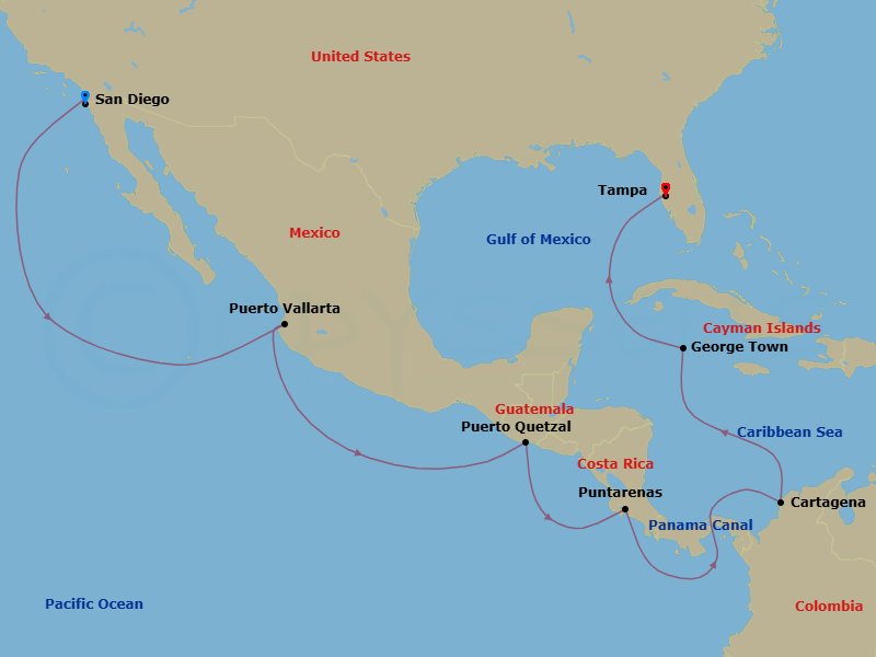 15 Night Panama Canal Eastward Cruise Route Map