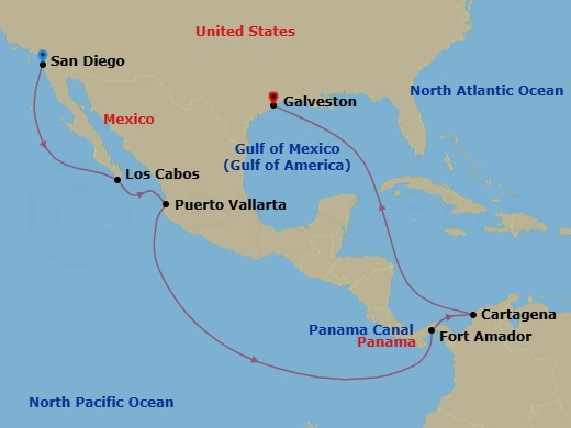 14-Night Eastbound Panama Canal Cruise From San Diego Ending In Galveston Route Map