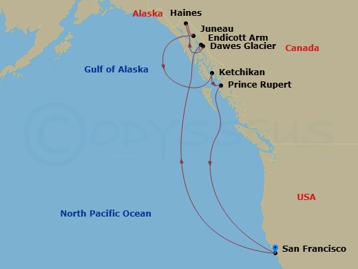 Inside Passage (Roundtrip San Francisco) Route Map