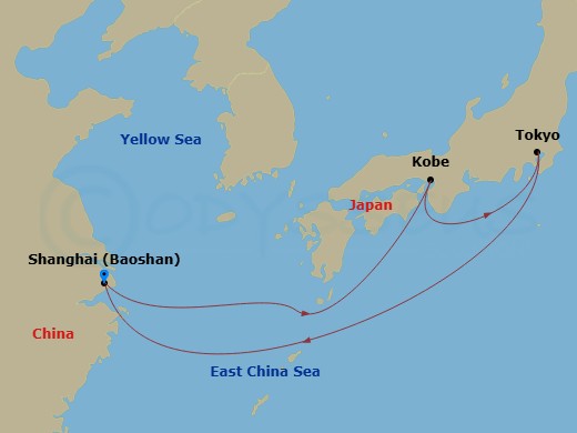 8 Night Kobe & Tokyo Overnights Cruise Route Map