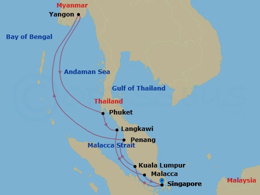 Myanmar, Malaysia & Thailand Cruise: Yangon, Kuala Lumpur & Phuket Route Map