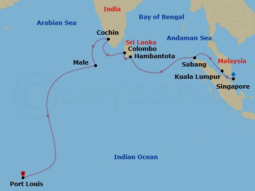 Singapore, Sri Lanka & India Cruise: Singapore, Colombo & Cochin Route Map