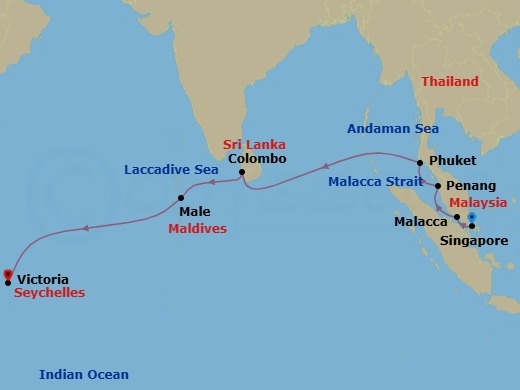 13-Day World Cruise: Southeast Asia & Indian Ocean Islands Route Map