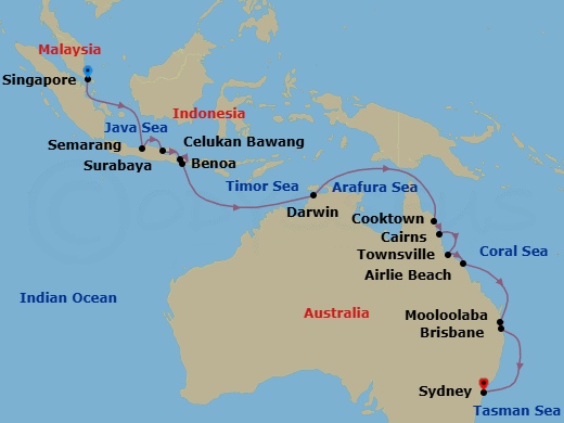 Indonesia & Australia Combination Cruise: Bali, Darwin & Cairns Route Map