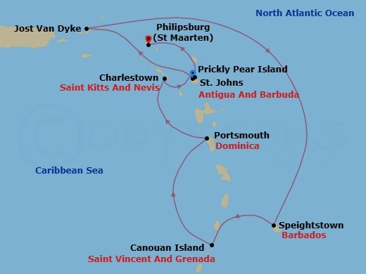 Lesser Antilles Featuring Barbados & Dominica Route Map