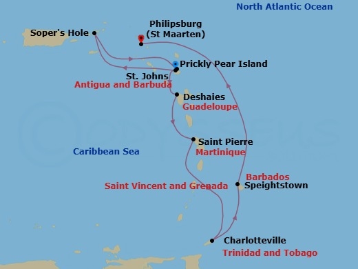 Lesser Antilles Featuring The British Virgin Islands & Barbados Route Map