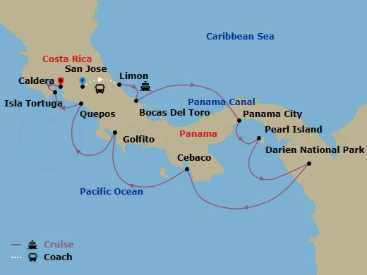 Costa Rica, Panama From The Pacific To The Atlantic Via The Panama Canal Route Map
