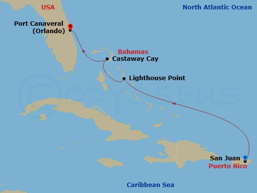 4-Night Eastern Caribbean Cruise From San Juan To Port Canaveral Route Map