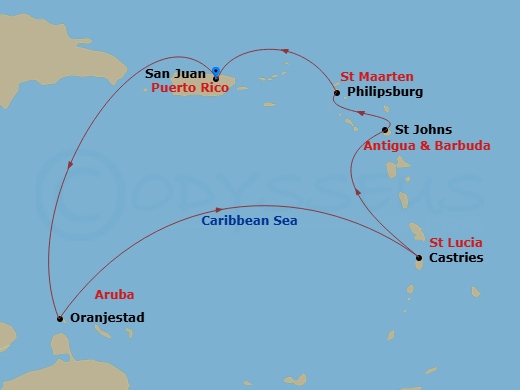 Southern Caribbean & Aruban Nights Route Map
