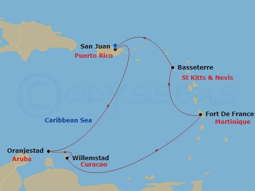 Southern Caribbean & Aruban Nights Route Map
