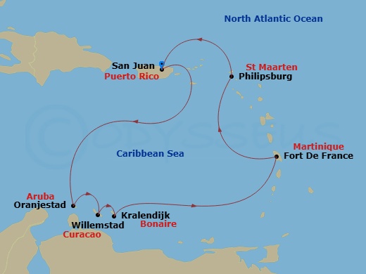 Southern Caribbean & Aruban Nights Route Map