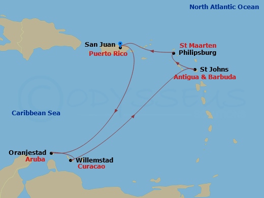 Southern Caribbean & Aruban Nights Route Map