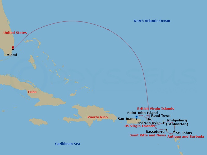 Southern Caribbean Cruise: Jost Van Dyke, Antigua & Tortola Route Map