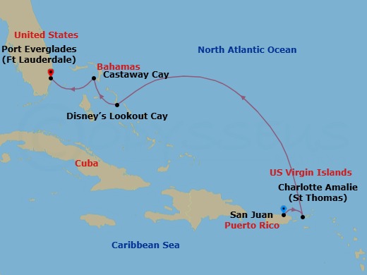 5-Night Very Merrytime Eastern Caribbean Cruise From San Juan Ending In Fort Lauderdale Route Map
