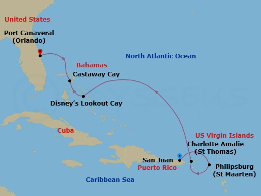 6-Night Eastern Caribbean Cruise From San Juan Ending In Port Canaveral Route Map