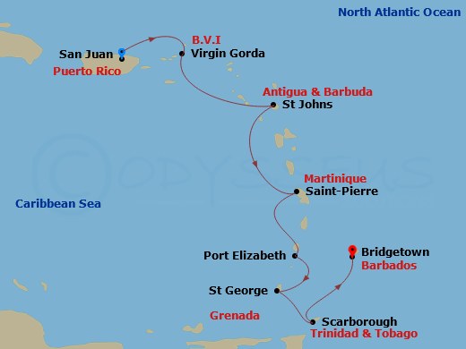 Southern Caribbean Cruise: Antigua, Martinique & Grenada Route Map