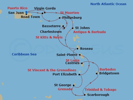 Caribbean Combination Cruise: Antigua, Grenada & Saint Lucia Route Map