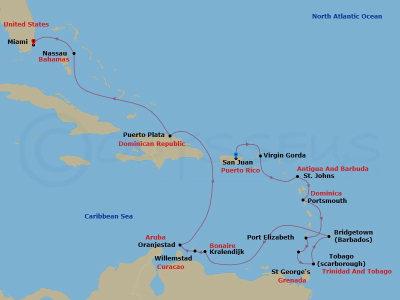 Eastern & Southern Caribbean Combination Cruise: Grenada, Barbados & Aruba Route Map