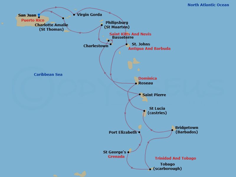 Caribbean Combination Cruise: Antigua, Grenada & Saint Lucia Route Map