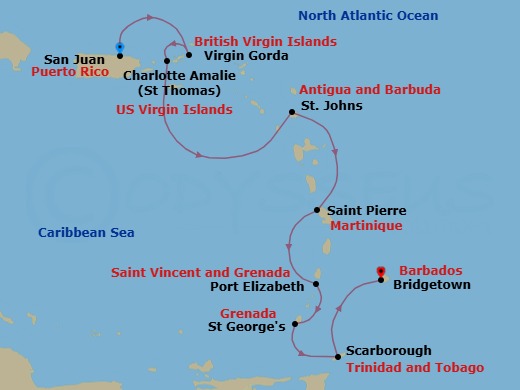 Southern Caribbean Cruise: Martinique, Grenada & U.S. Virgin Islands Route Map