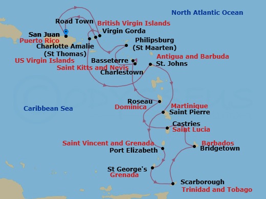 Caribbean Combination Cruise: Antigua, Grenada & Saint Lucia Route Map