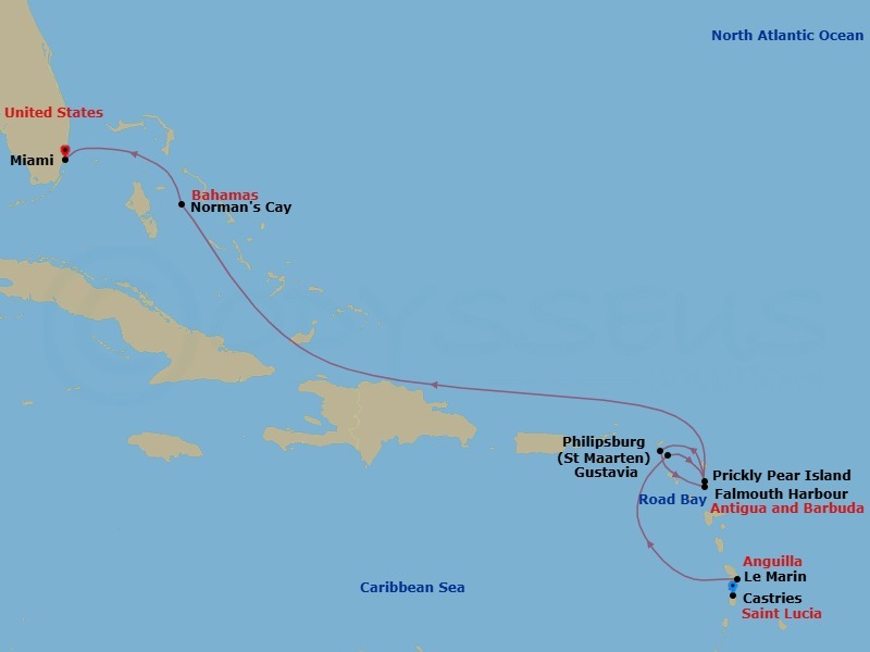 Saint Lucia To Miami: Eastern Caribbean & Bahamian Waters Route Map