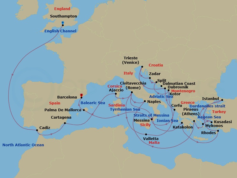 Mediterranean, Greek Islands And Adriatic Route Map