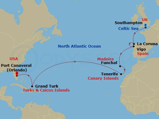 Carnival Journeys - 15 Day Transatlantic Route Map
