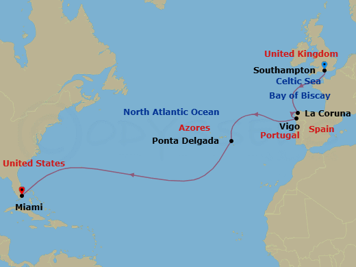12 Night Spain & Azores Transatlantic Route Map