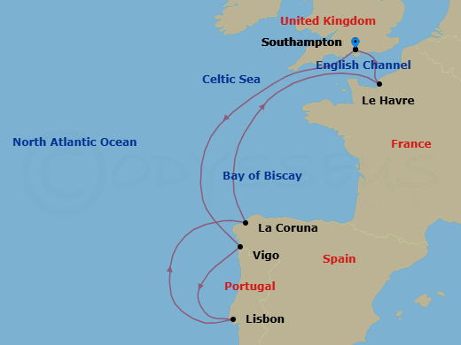 8 Night Spain, Portugal & France Cruise Route Map