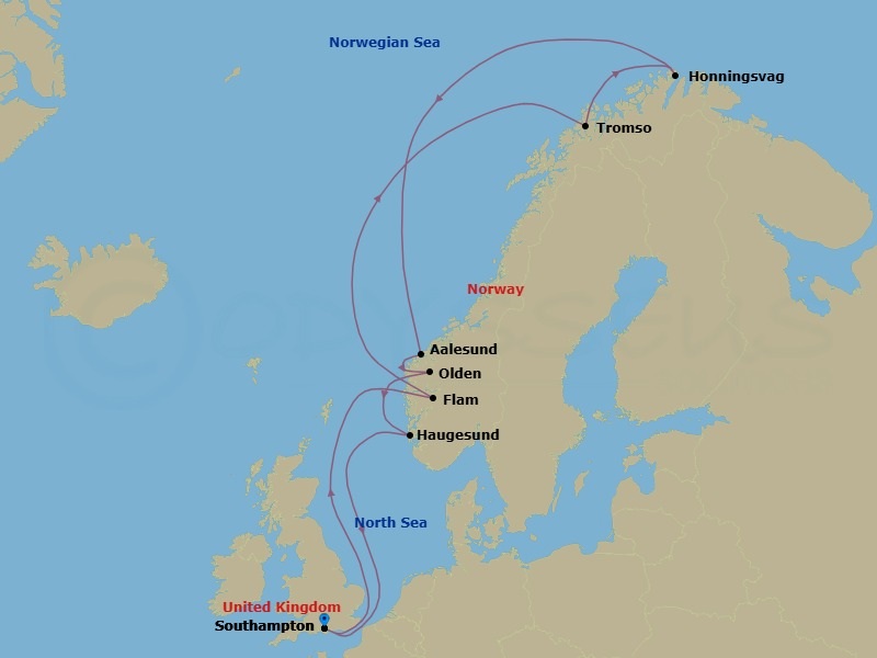 12 Night Norwegian Fjords, Arctic Circle Route Map