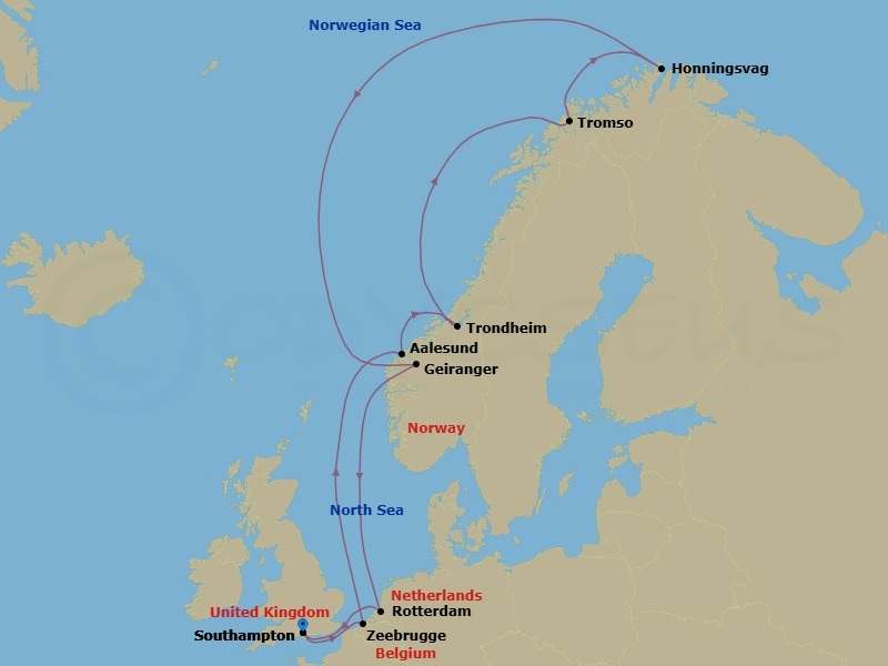 12 Night Norwegian Fjords, Arctic Circle Route Map